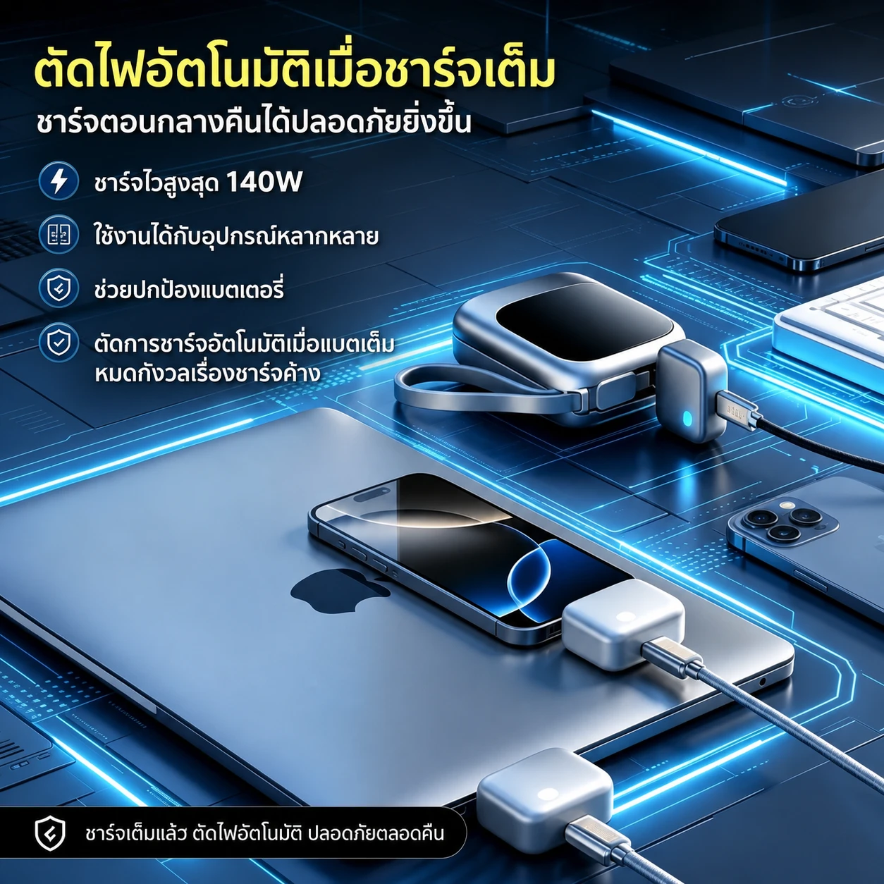 ใช้ได้กับมือถือ แท็บเล็ต แล็ปท็อป และพาวเวอร์แบงก์ ชาร์จไวสูงสุด 140W