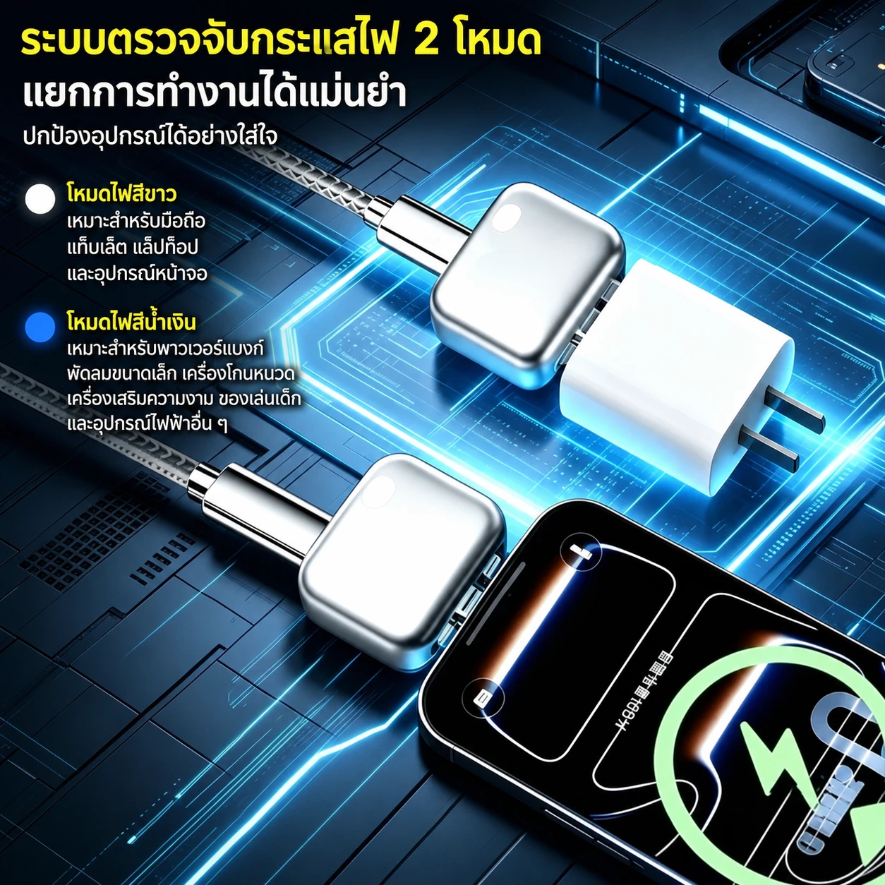 ระบบตรวจจับกระแสไฟ 2 โหมด ไฟสีขาวสำหรับมือถือ แท็บเล็ต แล็ปท็อป ไฟสีน้ำเงินสำหรับพาวเวอร์แบงก์และอุปกรณ์เล็ก
